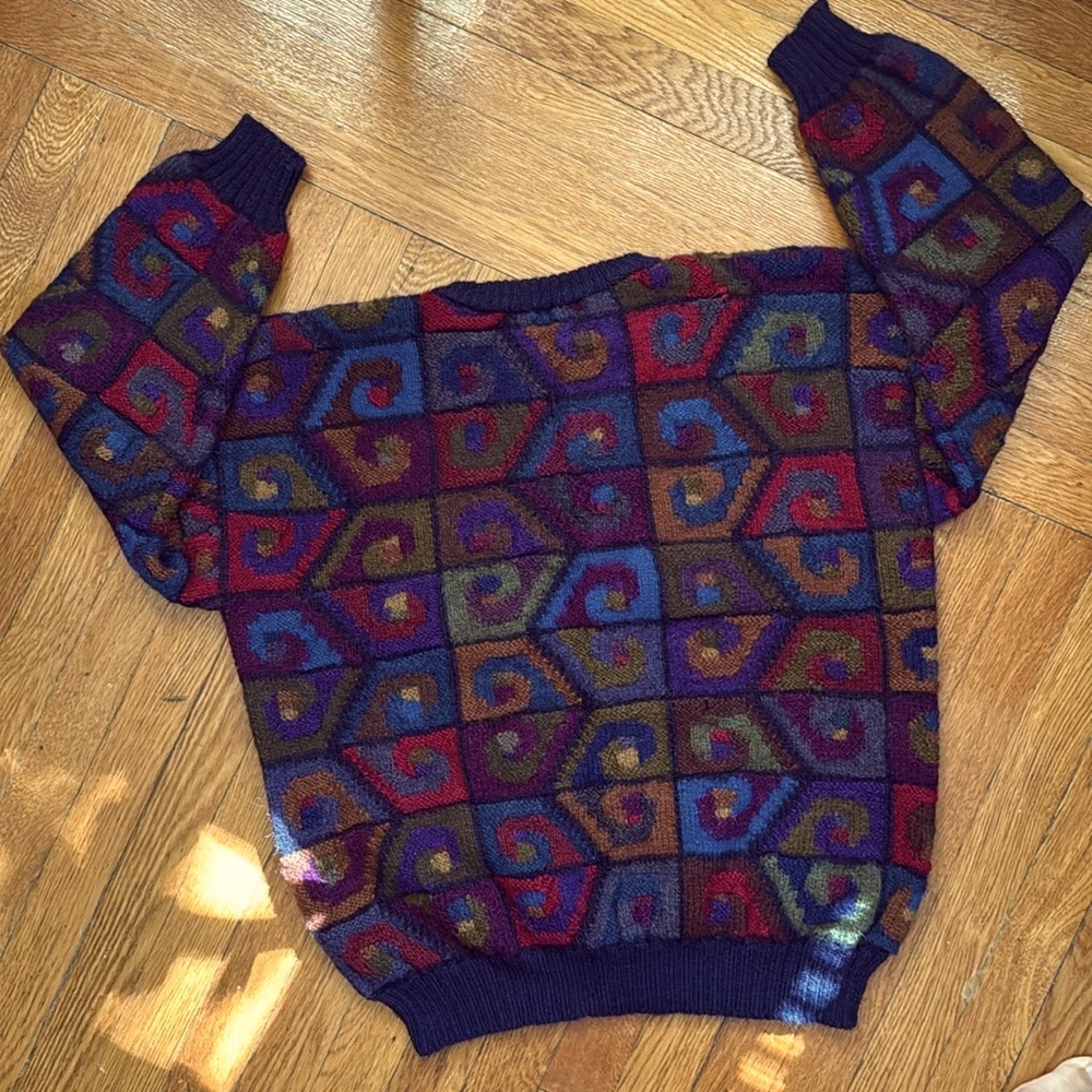 Peruvian Connection Rare Vintage Alpaca Multicolor Geometric Spiral Crewneck